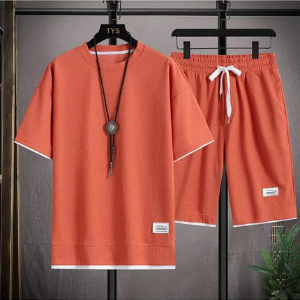 2026 new Summer Men's Waffle Sets Casual T-Shirt And Shorts Set Male Sports Suit Solid Color Tracksuit Loose Suits