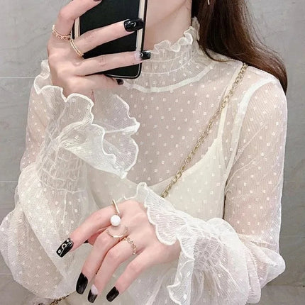 Women's Black Lace Flared Sleeve Slim Fit T-Shirt Long Sleeve Round Neck Base Shirt Fashion Kimono Bottoming Top for Women