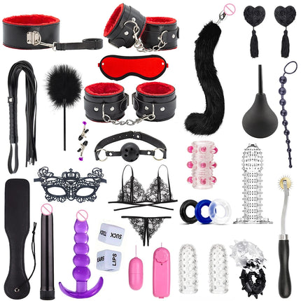 BDSM SexLove Set Kits Adults Sex Toys for Women Men Handcuffs Nipple Clamps Whip Spanking Sex Metal Anal Plug Vibrator Butt