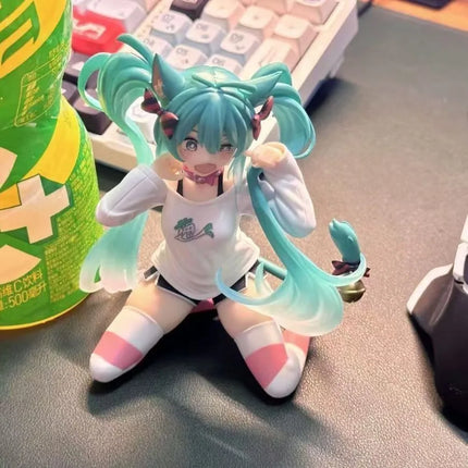 In stock Hatsune Miku Desktop Cute Action Figure 11cm Neko T-Shirt Ver. Anime Figurine Kawaii  Model Toy Gift