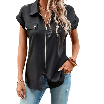 Plus Size 1XL-5XL Women's Black Zip-Up Blouse Button Lapel  Blouse Shirt Ladies Casual Short Sleeve Elegant Solid Color Shirt