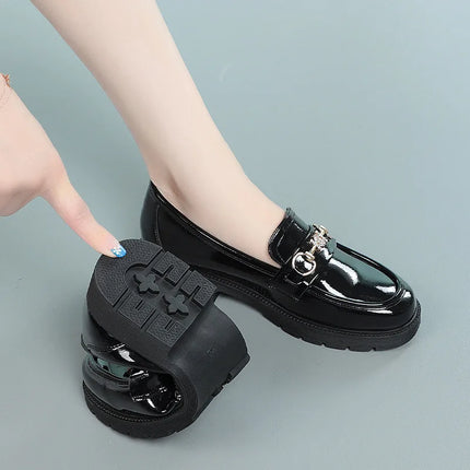 Women's Mary Jane Platform Shoes Round Head Spring New Metal Chain Casual Soft Patent Leather Slip on Loafers Office Size 35-41