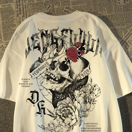2025 New pure cotton American retro skull print T-shirt with round neck and short sleeve women's summer European and American tops