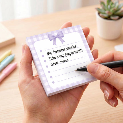 4Pcs Purple Bow Sticky Notes 3x3 Inch, 200 Sheets Cute Checklist Self Stick Memo Pads, Lined Square Notepad with Removable