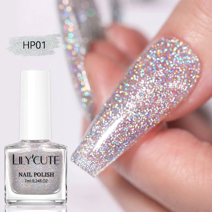 LILYCUTE 7ml Holographics Nail Polish Colorful Shining Effect Air Dry Glitter Nail Art Varnish No Need Lamp Nail Care Polish