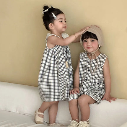 RAISE 2026 Summer Children Outfit Muslin Peter Pan Collar Kids Girls Sleeveless Dress Thin Plaid Tank Top Vest+loose Shorts Suit