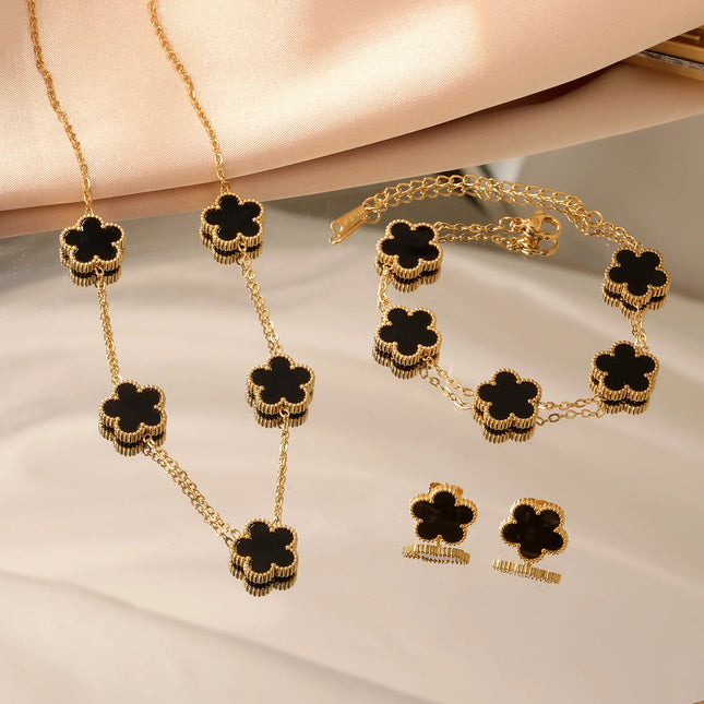 LUXUKISSKIDS Fashion Flower Necklace Earrings Set Jewelry Women Stainless Steel White Shell Clover Bracelet Jewelry Accessories