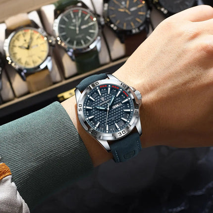 POEDAGAR Top Fashion High Quality Men's Watch Waterproof Luminous Date Week Watch for Men Leather Military Men's Quartz Wristwatch