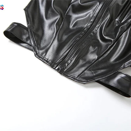 Weird Puss PU Backless Women Tank Tops Halter Neck Sleeveless Zipper Decoration Sexy Punk Nightclub Streetwear Summer Wild Vest