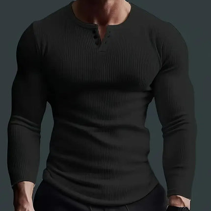 Autumn Men's Collarless Breasted Henry Shirt Top Fitness High Stretch Base Shirt Solid Color Plus Size Casual Long Sleeve