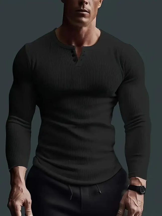 Autumn Men's Collarless Breasted Henry Shirt Top Fitness High Stretch Base Shirt Solid Color Plus Size Casual Long Sleeve