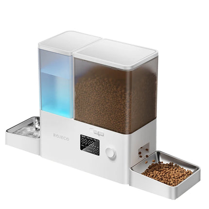 ROJECO 8.5L 2In1 Automatic Pet Feeder Gravity Water Fountain Button Version Auto 5L Cat Kibble Dispenser with 3.5L Water Refill