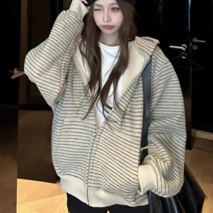 Matakawa Stripes Hooides Women Tops Zipper Autumn Winter Y2k Sweatshirts Korean Fashion Loose Hooded Retro Sudaderas Mujer