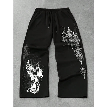 2026 Summer Men Women Y2K Gothic Angel Print Wide Leg Sports Pants Wear Hip-hop Casual Drawstring Pants Harajuku Street Style