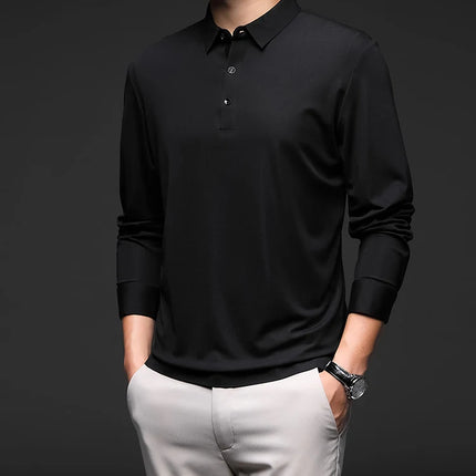 Minglu Mulberry Silk Men's Polo Shirts Luxury Long Sleeve Solid Color Golf Male T-shirts Spring Autumn Business Casual Man Tees