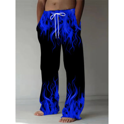 Fashion Men's Pants Casual Retro Flame Print Straight Leg Pants Summer Men'S Loose Fit Trousers With Drawstring As Gift