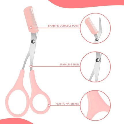 Stainless Steel Eyebrow Trimming Scissors with built-in Comb Precise Grooming Tool Creating Perfect Eyebrows Pink/White/Black