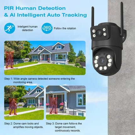 4K HD Dual Lens WIFI Camera 2K Dual Screen PTZ Camera Outdoor Auto Tracking Security Camera IP66 Waterproof Surveillance ICSEE