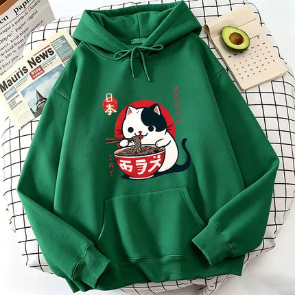 Japanese Style Cat Eat Ramen Hoodie Manga Cat Children's Sweatshirt Cute Hoody Casual Hoodies Spring Unisex Clothes