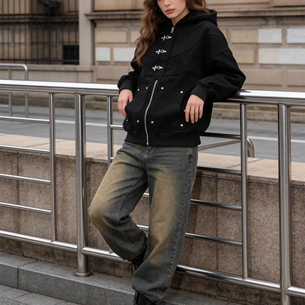 Black Hooded Jacket with Zipper And Metal Buckle Wool Lined Warm Casual Streetwear Loose Work Pants Winter Fashion Set
