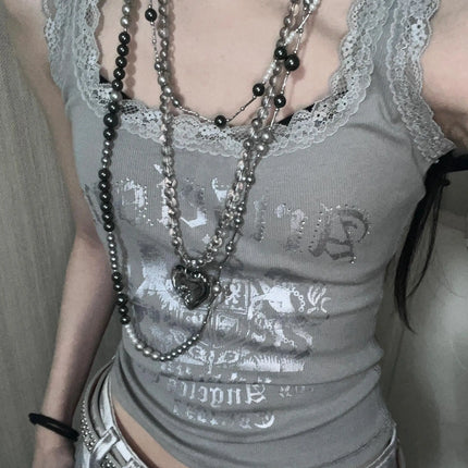 American Lace Trim Splice Letter Print Tank Top Women Summer Slimming Svel Trendy Base Layer Clothing ort Sle