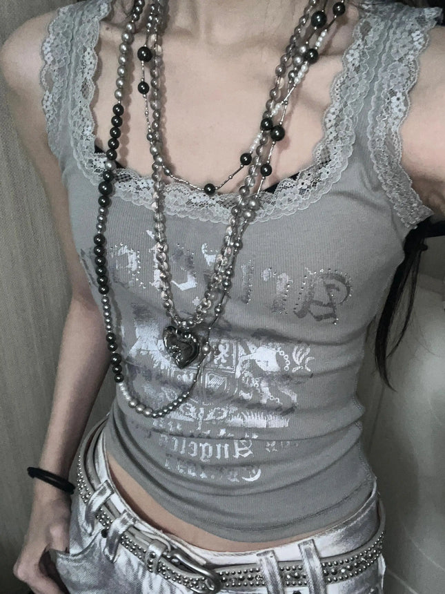 American Lace Trim Splice Letter Print Tank Top Women Summer Slimming Svel Trendy Base Layer Clothing ort Sle
