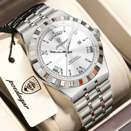 POEDAGAR Business Man Watch Week Date Waterproof Luminous Original Watches For Men Stainless Steel Men's Quartz Wristwatch Reloj