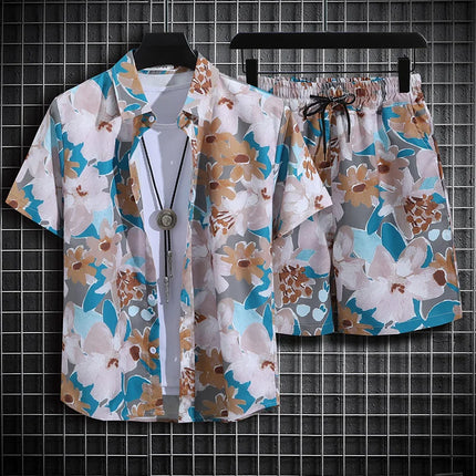 Hainan Island Beach Shirt Men's Set Sanya Travel Hawaii Large Size Floral Print Five-Quarter Pants Short Sleeve Casual Shirt