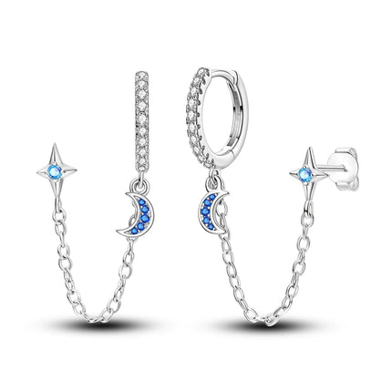 925 Sterling Silver Gold Color Star Moon Chain Stud Earrings for Women Girl Ear Studs Fine Jewelry Fashion Luxury Anniversary