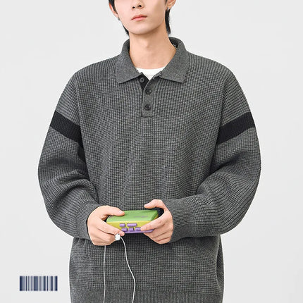 Autumn Winter Polo-Style Colour-Block Knit Sweater Men Effortlessly Stylish Relaxed Fit Loose Collar Top Warm Cosy