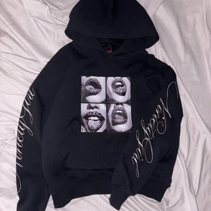 Leopard Lips Print Hoodie Men Women Oversized Streetwear Sweatshirt Artistic Sleeve Graphics Hip Hop Rock Unisex Pullover Top