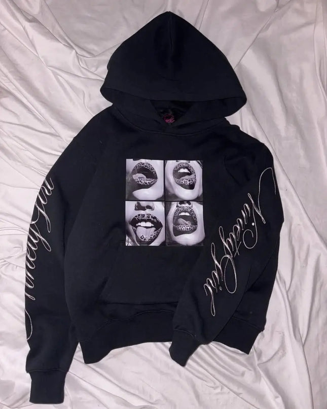 Leopard Lips Print Hoodie Men Women Oversized Streetwear Sweatshirt Artistic Sleeve Graphics Hip Hop Rock Unisex Pullover Top