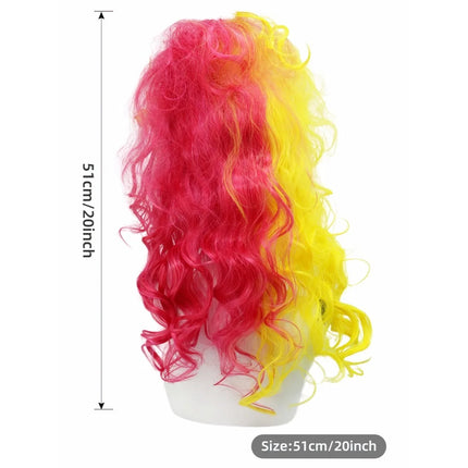 Double-Toned Yellow Pink Gradient Long Curly Synthetic Wig with Floral Hairpiece,Wavy Hairstyle for Cosplay Party Costume Event
