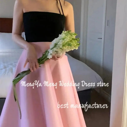 Simple Black And Pink Korea Evening Party Dresses A Line Strapless Wedding Photos Shoot Sleeveless Backless Corset Prom Dress