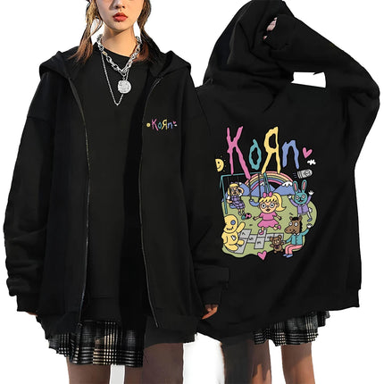 Korn Rock Hoodies WORLD TOUR Zipper Sweatshirts Korn Rock Metal Zip Up Jackets Fleece Oversized Jackets Coats Hip Hop Streetwear