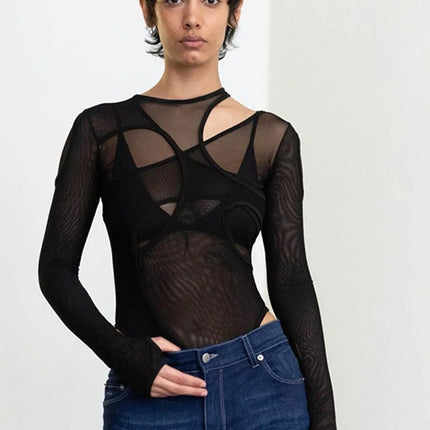 Summer Solid Color Bodysuit See-Through Sexy Hollow Design Women Top Jumpsuits Slim Fit For High Street Clubwear Female