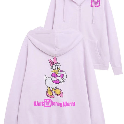 Disney Sweatshirt Castle Shining Daisy Duck Disneyworld Letter Glitter Donald Duck Unisex Couple Women Zip Pocket Hooded Jumper