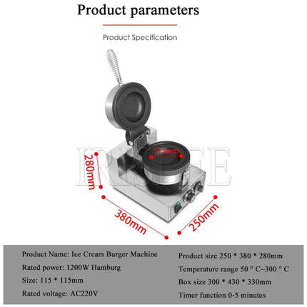 110V 220V Hamburger Cake Maker Commercial Burger Grill Gelato Panini Press Machine Ice Cream Waffle Machine Non Stick