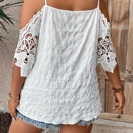 Plus Size Summer Women Elegant Off Shoulder Blouses Shirt Casual Fashion Loose Lace Patchwork Solid Sexy V Neck Tops
