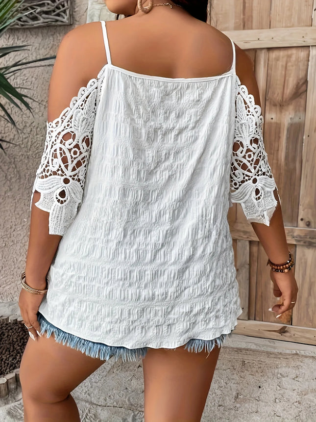 Plus Size Summer Women Elegant Off Shoulder Blouses Shirt Casual Fashion Loose Lace Patchwork Solid Sexy V Neck Tops