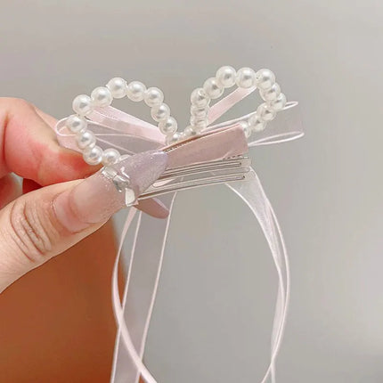 2PCS/Set Sweet Pearl Bow Hair Clips for Baby Girl Cute Fairy Long Ribbon Headwear Princess Kids Hair Accessories Headdress