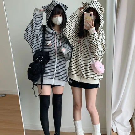 Strawberry Cat Embroidered Striped Hoodies Women Top Japanese Subculture Cute Cat Ear Black Grey Loose Harajuku Coat for Women