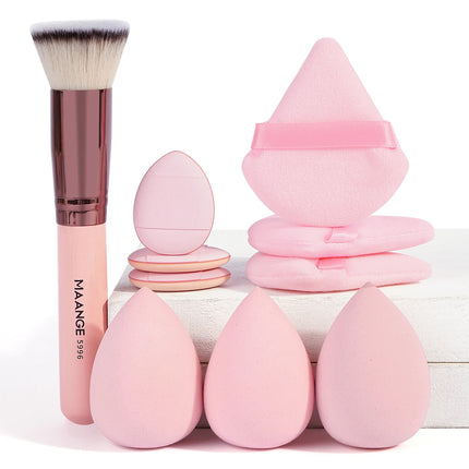 MAANGE 1PCS Foundation Makeup Brush with 9PCS Makeup Puff Contour Blush Makeup Brush Triangle Powder Puff Soft Finger Sponge