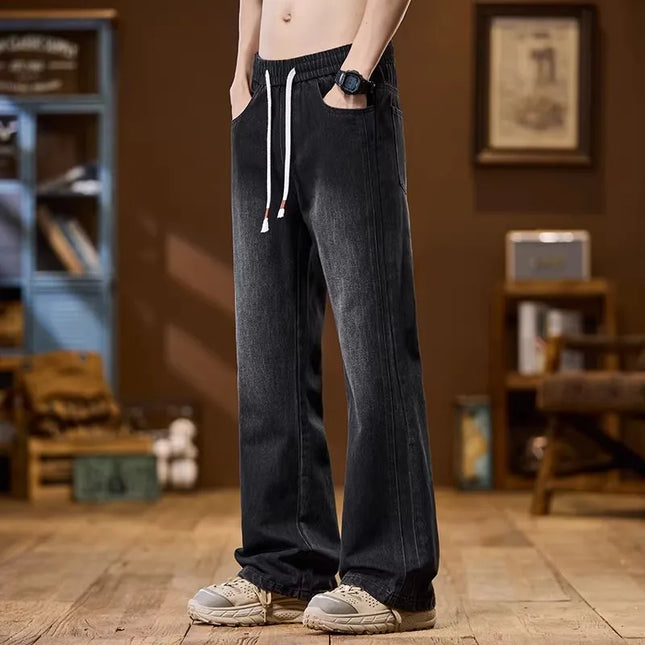 Spring Straight-Leg Loose-Fit American Vintage-Style Denim Trousers: Men's Casual High-Street Washed Wide-Leg Pants