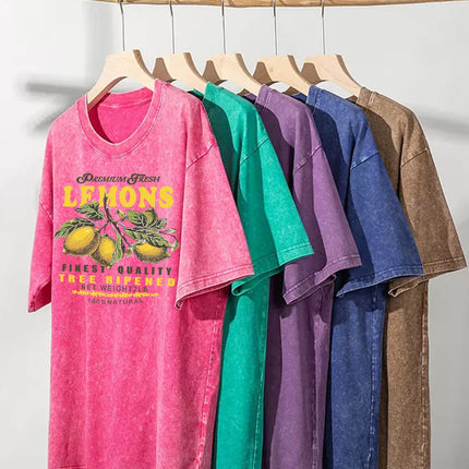 Premium Fresh Lemons Fruit Print Women Washed T-Shirts Y2K Comfortable Short Sleeve Loose All-Match T-Shirt Cotton Hip Hop Top