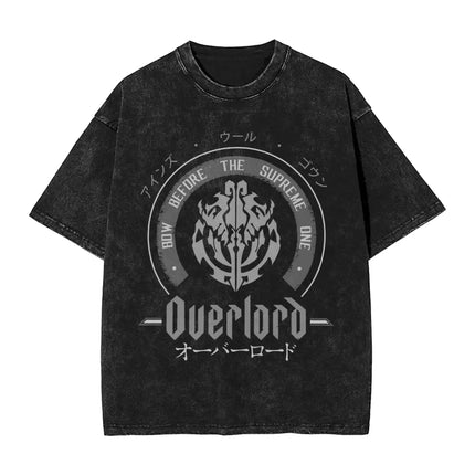 Vintage Washed Black OVERLORD Ainz Ooal Gown T-Shirt – Front Character Illustration with English Title & Japanese Name Text