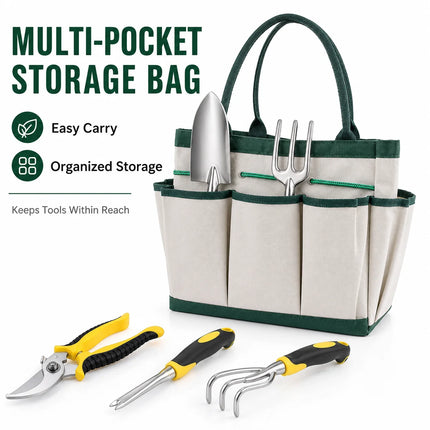 6PCS Garden Hand Tool Set with Storage Bag, Trowel Rake Fork Weeder Pruning Shears Kit for Planting Weeding Transplanting