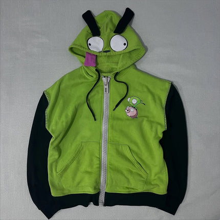 Retro Gothic Hip Hop Hoodie Featuring Quirky Patchwork Zipper Hoodie Y2K Men Women Green Casual Cartoon Hoodie Loose Sweatshirt