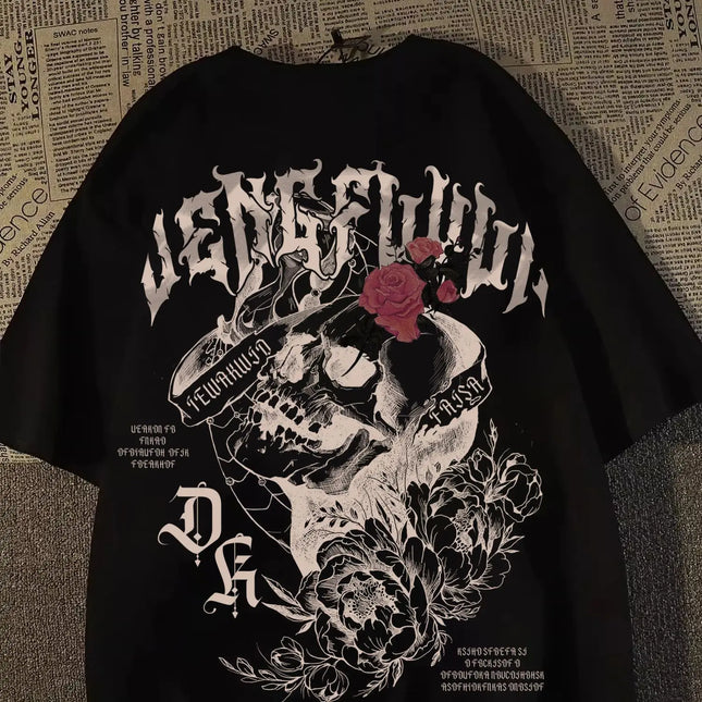 2025 New pure cotton American retro skull print T-shirt with round neck and short sleeve women's summer European and American tops