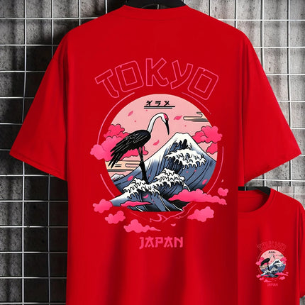Men's Summer 100% Cotton Tokyo Casual Pattern Printed Fashionable Loose Round Neck Short Sleeve T-Shirt Top
